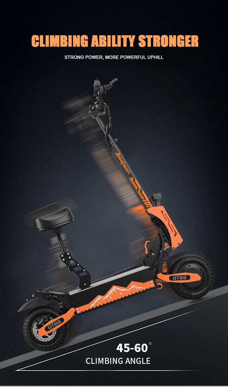 Arwibon GT08 Adult Electric Scooter — Dual 5600W Motor, 46 MPH Top Speed, 60V 27AH Battery, 11-Inch Off-Road Tires, Folding Commuter E-Scooter