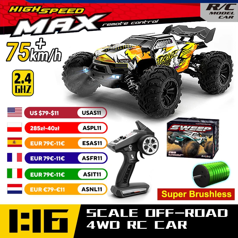 WLtoys 16101 Pro 1/16 Scale RC Car — 75KM/H High-Speed 4WD Off-Road Brushless Monster Truck | Adults & Kids Ages 14+