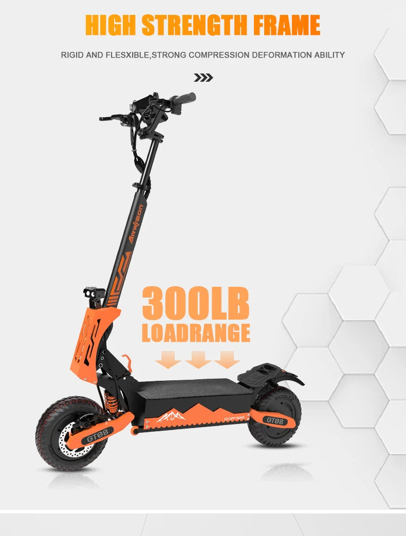 Arwibon GT08 Adult Electric Scooter — Dual 5600W Motor, 46 MPH Top Speed, 60V 27AH Battery, 11-Inch Off-Road Tires, Folding Commuter E-Scooter